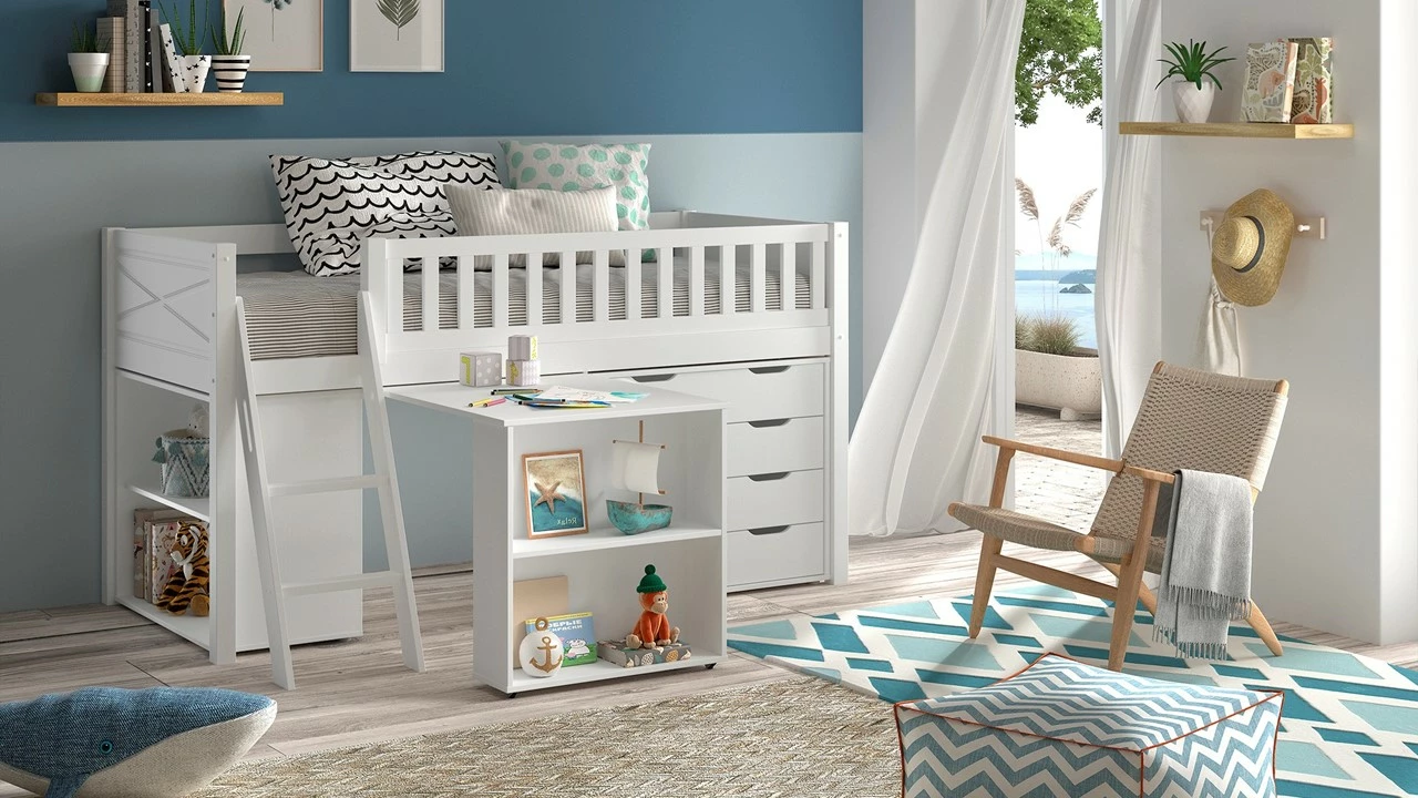 Halfhoogslaper Scott Met Bureau, Boekenkast En Commode 3 Halfhoogslaper Scott Met Bureau, Boekenkast En Commode